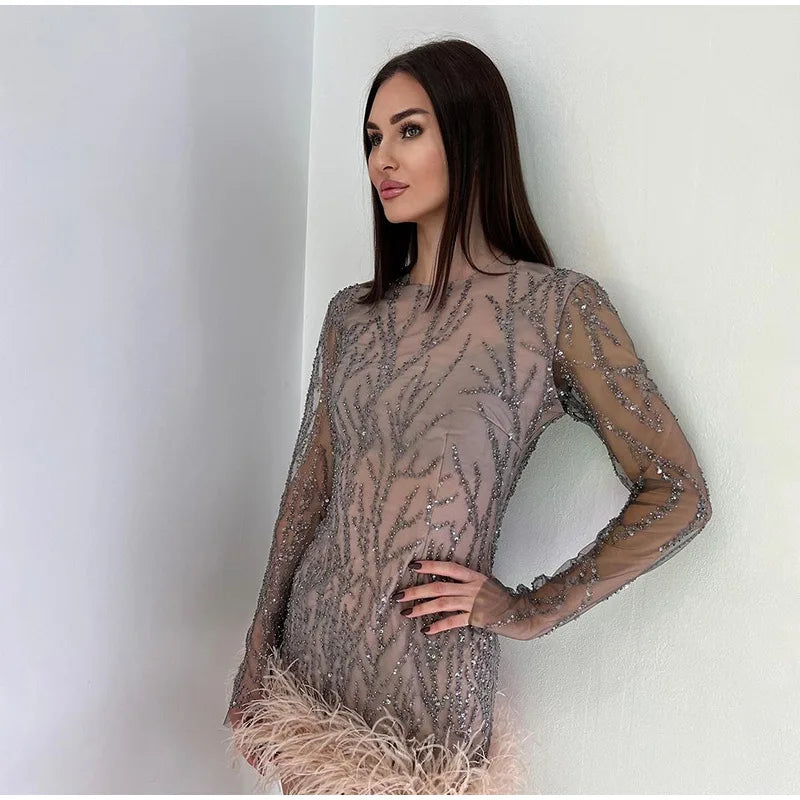 Product Name: Luxe Feather Sequin Mini Dress