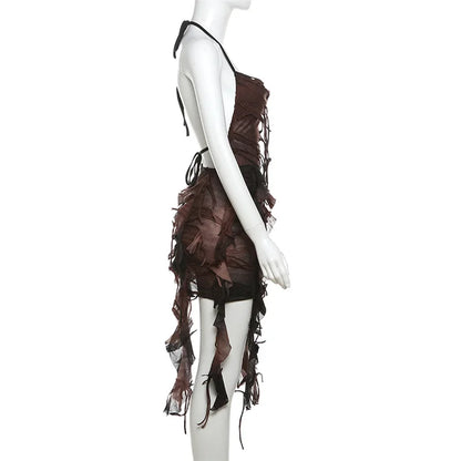 Retro Gradient Summer Halter Dress with Tassels