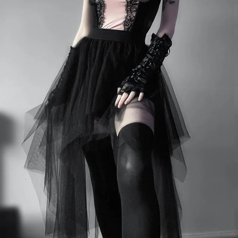Gothic Mesh High-Waisted Asymmetrical Skirt