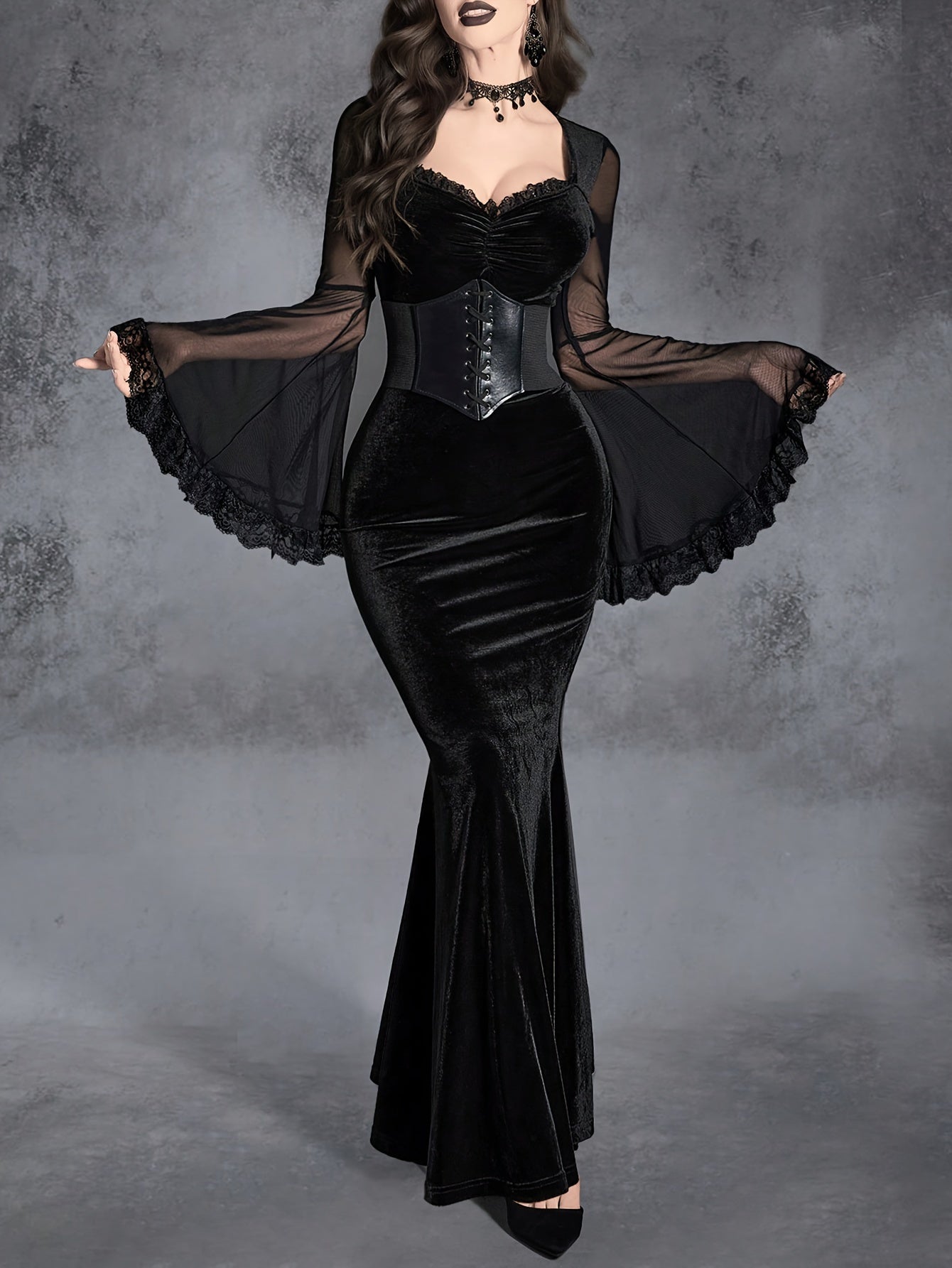 Gothic Mermaid Velvet Dress with Ruffle Detail