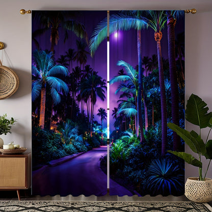 Tropical Vibe Curtains - Violet Palm Print Set