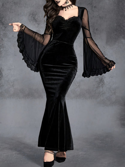 Gothic Mermaid Velvet Dress with Ruffle Detail