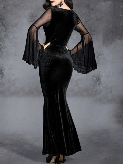 Gothic Mermaid Velvet Dress with Ruffle Detail