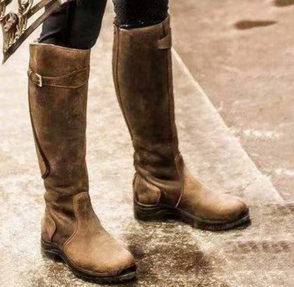 Long Boots Women's Flat bottomed Round Head Leather